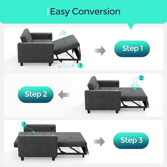 LINSY 54" Pull Out Couch with Charging Station - Sleeper Sofa Bed with Cup Holder, Small 3 in 1 Convertible Loveseat Sleeper Couch for Apartment, Dorm Room, Bedroom and Small Space, Dark Gray