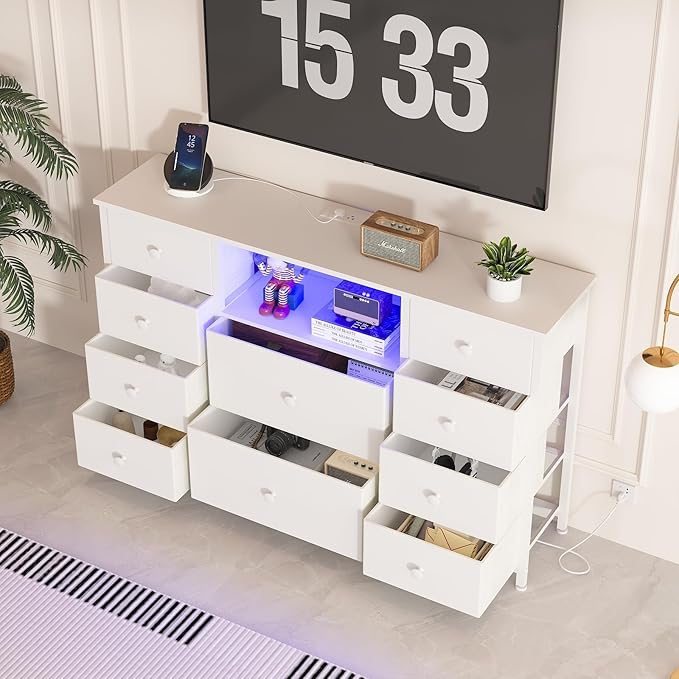 LDTTCUK Dresser with Charging Station and LED Lights, Long Dresser for Bedroom Dresser TV Stand with 10 Drawers, Fabric Chest of Drawers with PU Finish, Wide Dresser Storage Organizer, White