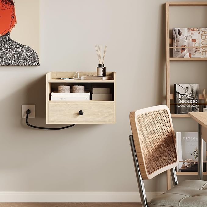 Floating Nightstand Set of 2 Modern Night Stands with Drawer and Open Shelf Cubby Small Bedside End Table with Charging Station Wall Mounted Nightstands Set 2 for Bedroom Natural