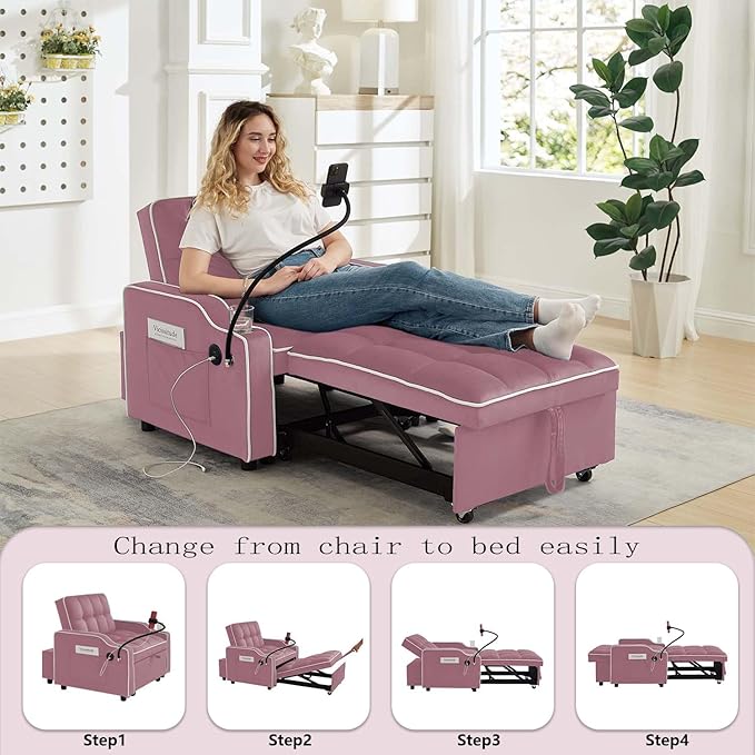 Convertible Sofa Bed, 3 in 1 Futon Sofa Bed with USB Charging Ports, Cup Holder, Phone Stand & Pocket, Modern Upholstered Sleeper Sofa for Living Room, Apartment or Small Space (Pink)