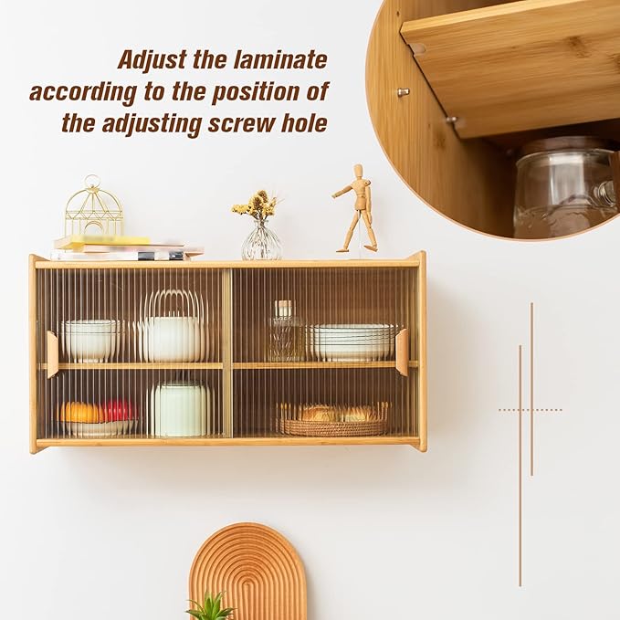 HollyHOME Small Bamboo Wall Mounted Kitchen Pantry Sideboard with 2 Doors and Adjustable Shelves, Coffee Wine Bar Storage Cabinet for Liquor and Glasses, Dining Cupboard for Bottle, Dish, Burlywood