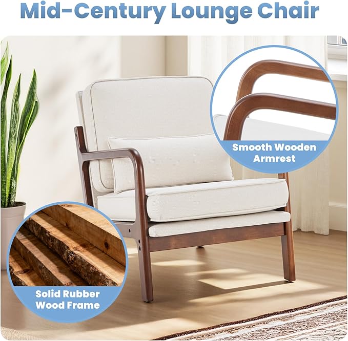 DUMOS Mid Century Modern Chair, Accent Chair with Arms and Waist Cushion, Reading Chairs for Adults, Lounge Chair for Living Room and Bedroom, Solid Wooden Frame, Cream