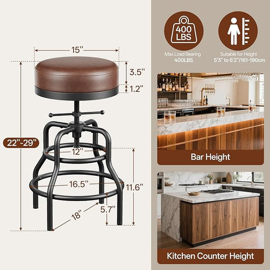 Adjustable Height Swivel Bar Stools Set of 3, 22-29 Inch Industrial Vintage Bar Counter Height Stools with Thicken Premium Bonded Leather Seats & Updated Footrests, Easy Assembly, Brown