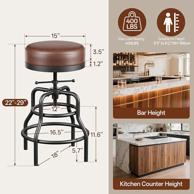 Adjustable Height Swivel Bar Stool, 22-29 Inch Industrial Vintage Bar Counter Height Stool with Thicken Premium Bonded Leather Seat & Updated Footrest, Easy Assembly, Brown