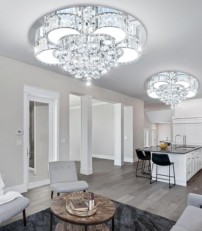 Modern Crystal Chandeliers for Dining Room LED Dimmable Light Fixtures Flush Mount Light Living Room Bedrooms