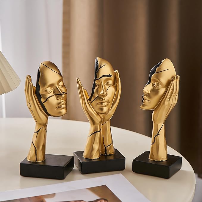 Gold Art Statues Home Decor 7.5" H Resin Face Sculptures for Coffee Table Bookshelf Office Desk, Modern Abstract Art Sculptures Living Room Office Decorations
