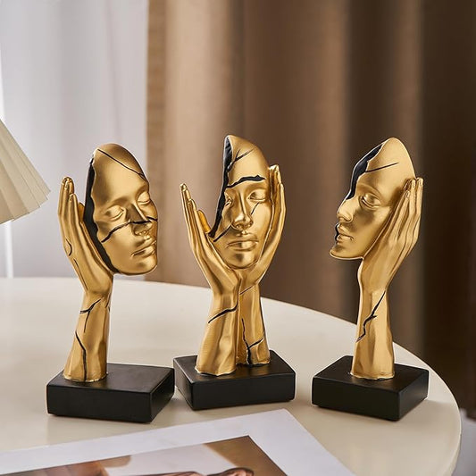 Gold Art Statues Home Decor 7.5" H Resin Face Sculptures for Coffee Table Bookshelf Office Desk, Modern Abstract Art Sculptures Living Room Office Decorations