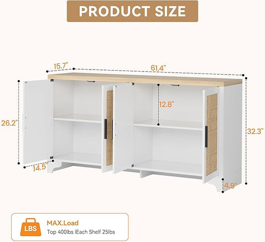 GarveeHome 4-Door Sideboard Buffet Cabinet, Natural Rattan Storage Cabinet, Boho Entryway Console Table, Coffee Bar Station for Dinning Room, Living Room, Kitchen, White