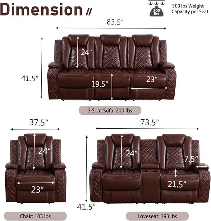Breathing Leather Power Reclining Chair, Leather Reclining Sofa Couch Chair for Living Room, Single Recliner with USB Ports/LED Lighting for Bedroom/Office/Home Theater (Auburn, Recliner Chair)