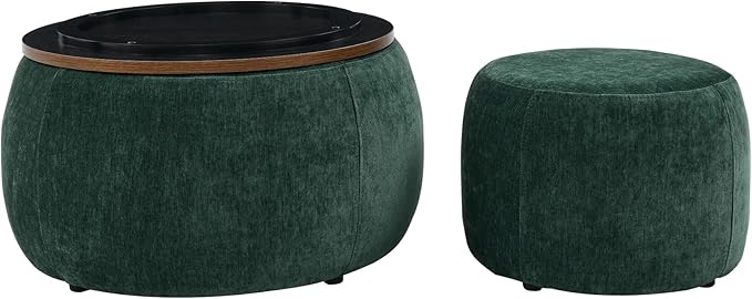 Ball & Cast Round Upholstered Storage-Ottoman Set with Wood Tray, Large Storage Coffee Table w/Footstool & Removable Lid, Dia 25" Padded Bench & End Side-Table for Living Bedroom, Green