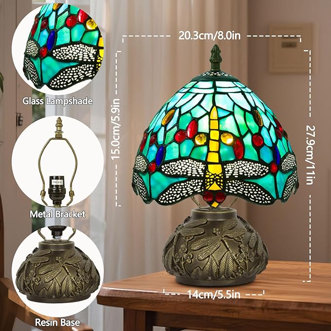 Small Tiffany Table Lamp,Stained Glass Lamp,8 Inch Mushroom Style Mini Vintage Desk Lights for Bedside, Bedroom,Nightstand,Living Room,3 Color Temperature (Green Dragonfly)