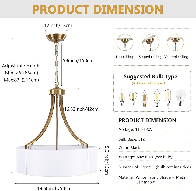 20" Modern Gold Farmhouse Drum Chandeliers for Dining Room, 6-Light Rustic Drum Pendant Light with White Fabric Shade, Hanging Light Fixture for Living Room Bedroom Foyer Kitchen Island Entryway