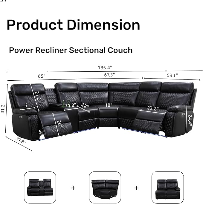 Power Reclining Sectional Sofa, 5 Seat Sectional Couch with Recliners, Breathing Leather Sectional with 2 Recliners,USB Charging Ports, Cup Holders, LED Light Strip, Living Room Furniture Set | Breathable material, LED Lighting