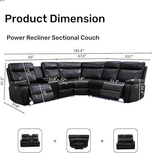Power Reclining Sectional Sofa, 5 Seat Sectional Couch with Recliners, Breathing Leather Sectional with 2 Recliners,USB Charging Ports, Cup Holders, LED Light Strip, Living Room Furniture Set | Breathable material, LED Lighting