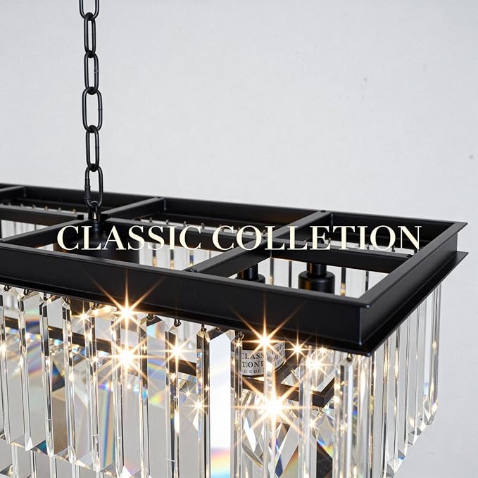 Rectangle Crystal Chandelier 59 inch, Modern Rectangular Chandeliers Ceiling Hanging Linear Chandeliers Light Fixture for Dining Room, Kitchen Island, Bar, Black,14-Light