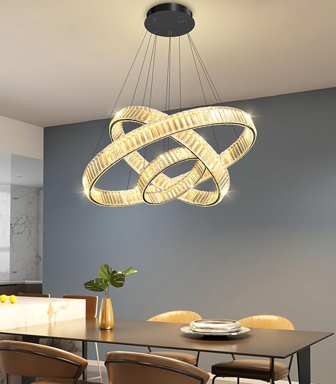 24''+16''+8'' Modern Ring Chandelier Crystal Chandeliers for Dining Room Round LED Dimmable Ceiling Light Fixture for Living Room Bedroom Lighting Black