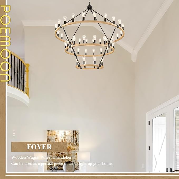 48 Lights 3 Tier Extra Large Wooden Wagon Wheel Chandelier Natural Farmhouse 63'' High Ceiling Black Rustic Round Wood Pendant Light Fixture for Living Room Foyer Villa Staircases