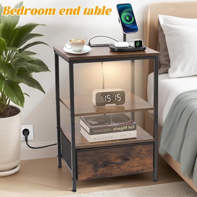Night Stand with Charging Station, Bedside Table with Adjustable Fabric Drawers, End Table with LED Lights, Side Table with USB Ports Open Shelf for Bedroom, Brown