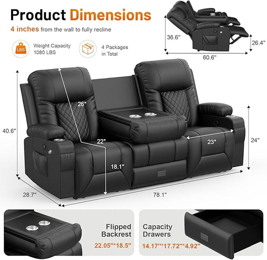 FURNIMAT Loveseat Recliner Sofa, 3 Seater Dual Reclining Sofa with Flip Back Console, Modern PU Leather Reclining Couch for Living Room/RV, with Storage, USB Port, Cup Holder, Cell Phone Holder, Black