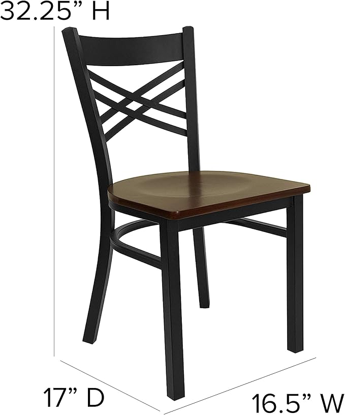Flash Furniture HERCULES Series Black ''X'' Back Metal Restaurant Chair - Mahogany Wood Seat