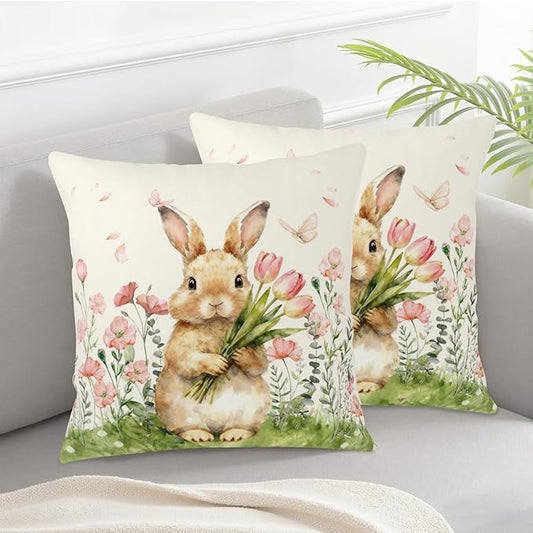 Easter Bunny Outdoor Pillow Covers 22x22 Set of 2 Watercolor Pink Flowers Pillows Cases Farmhouse Rabbit Floral Pillowcase for Sofa Couch Home Decor
