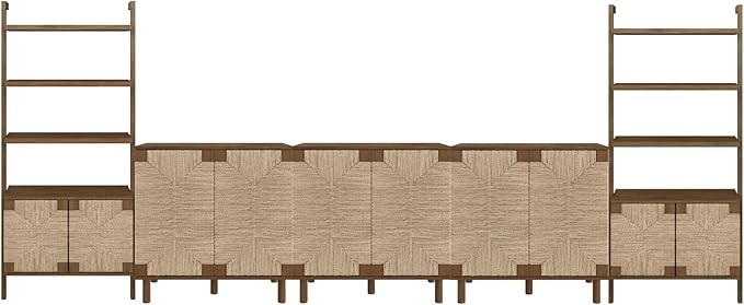 Nathan James Beacon Boho Seagrass Entertainment Center with Bookshelves and Storage Cabinet, Bookcase TV Stand Wall Unit, Fits TVs Up to 75 in. in Dark Brown Finish
