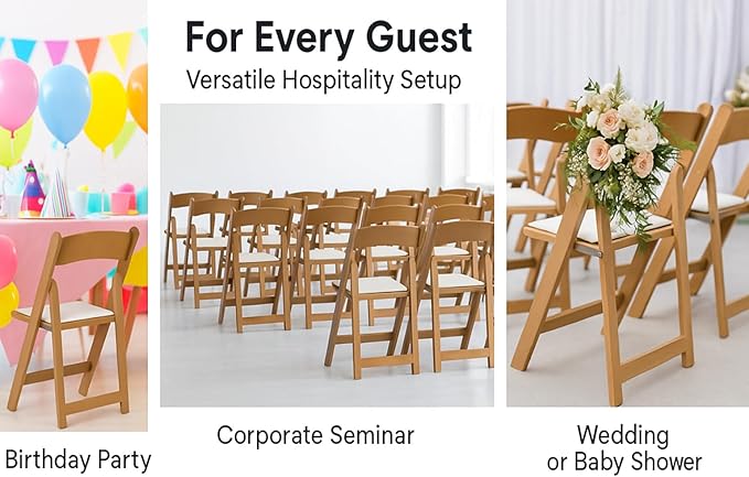 BTEXPERT Resin Folding Chair Vinyl Padded Seat Indoor Outdoor Lightweight Set for Home Event Party Picnic Kitchen Dining Church School Weddings Set of 12 Natural Chestnut