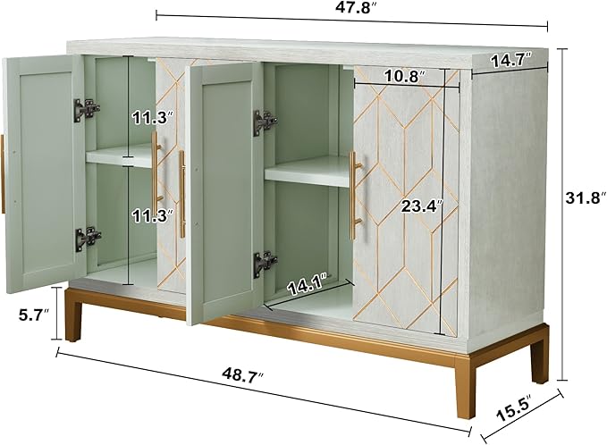 47.8" Accent Storage Cabinet with 4 Doors, Modern Sideboard Buffet Cabinet with Gold Lines, Wood Decorative Credenza with Storage for Living Room, Kitchen, Dining Room, Entryway, Green