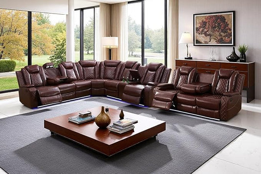Power Recliner Sectional Sofa Set with LED, Luxury Breathing Leather Reclining Corner Couch Set, 9 Seat L-Shaped Sofa Couch Set with 3 Seats Sofa, Cup Holders/Storage for Living Room