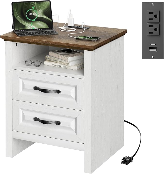 Marsail Farmhouse Nightstand with Charging Station, Bedside Table with 2 Drawers Storage and Open Shelf, Bedside Cabinet for Bedroom, Rustic Side Table, Two-Tone Finish
