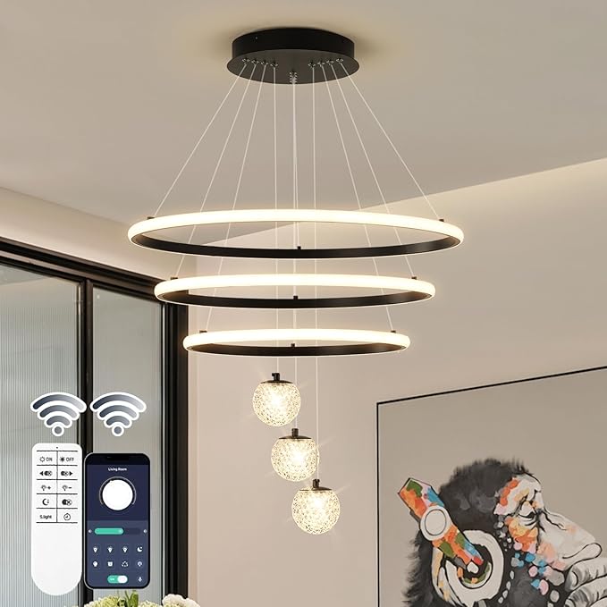 LED Modern 3 Ring Chandeliers for Dining Room, 24in Dimmable Kitchen Pendant Lamp, Black Dining Room Light Fixtures Ceiling Hanging Over Table, Globe Round Chandeliers for Living Room Bedroom