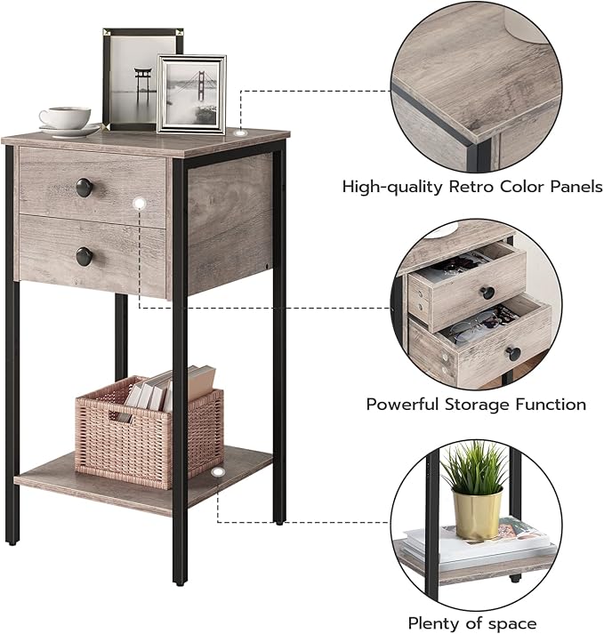 HOOBRO Tall Nightstand, End Table with 2 Drawers and Storage Shelf, Industrial Telephone Side Table for Study, Bedroom, Space Saving, Easy Assembly, Greige and Black BG72BZ01