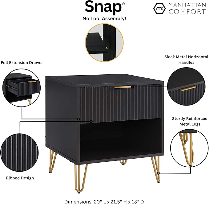 Manhattan Comfort Dumbo Fluted Nightstand with Drawer and Open Shelf, Gold Hairpin Legs and Metal Handle, Snap Tool-Free Assembly, Modern Bedside Accent Table for Bedroom, Office, Living Room in Black