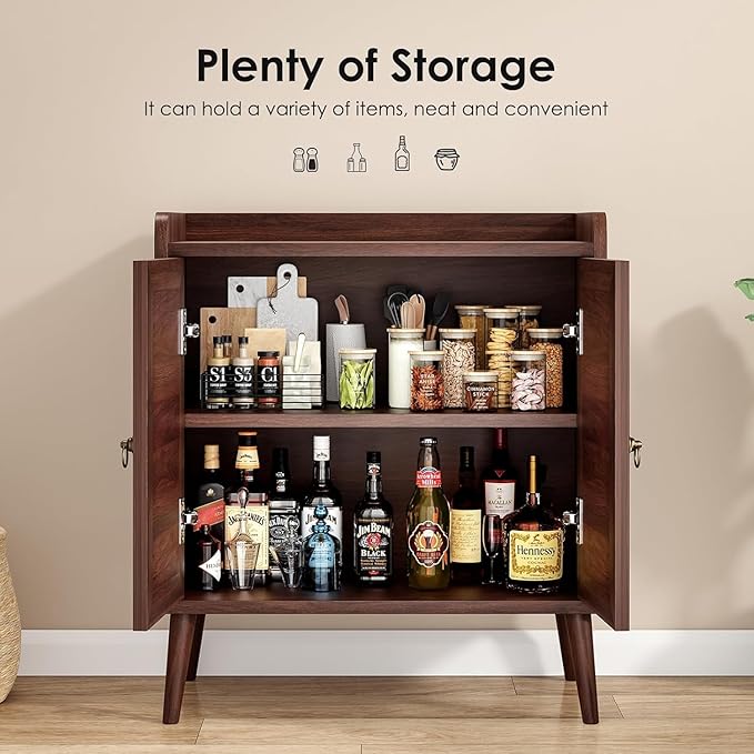 Sideboard Buffet Cabinet with Storage, Rustic Bar Liquor Cabinet with Boho Rattan Decorated Doors, Retro Credenza Console Table for Dining Room Living Room Hallway EntryWay, Walnut