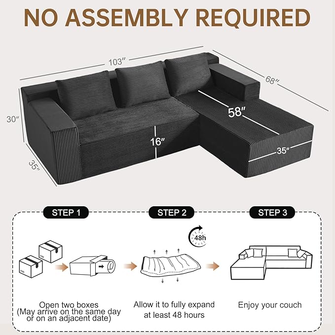 Nigoone 103" Boneless Corduroy Sectional Couch with Left Chaise, Modular L Shaped Couches for Living Room, Large Minimalist Modern Deep Seat Floor Sofa Set, No Assembly