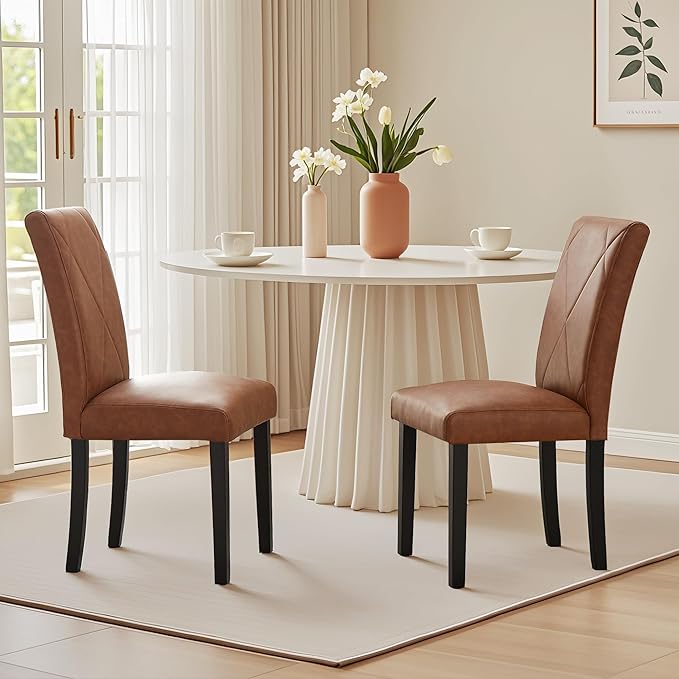 VECELO Upholstered Dining Chairs Set of 4, Modern PU Leather and Solid Wood Legs & High Back for Kitchen/Living Room- Brown