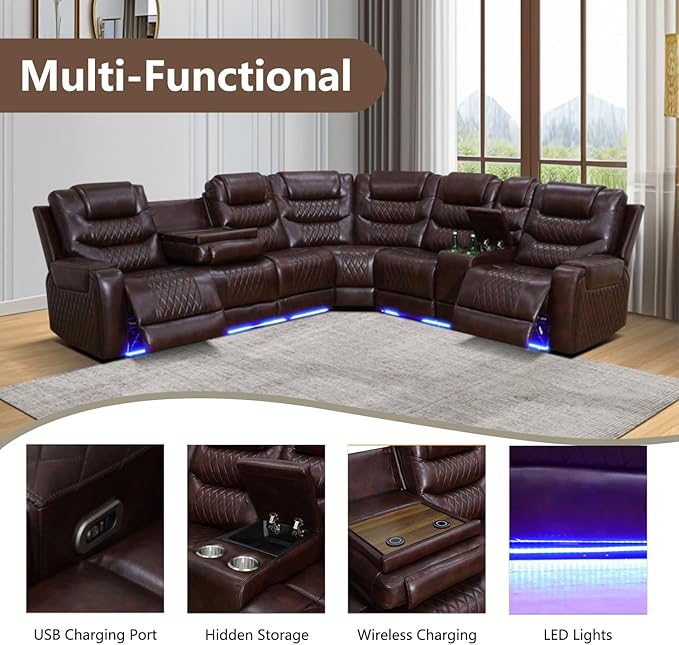 Power Recliner Sectional Sofa with LED Lighting, Breathing Leather Corner Couch with USB Port and Storage Console, Cup Holders– Home Theater & Living Room Seating (Brown)