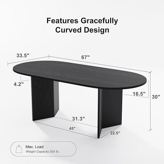 Casaphoria 67" Dining Table for 6, Wood Kitchen Table with Scratch-Resistant Top & V-Shaped Base, Modern Farmhouse Oval Dining Table for Living Room, Kitchen, Easy Assembly, Black