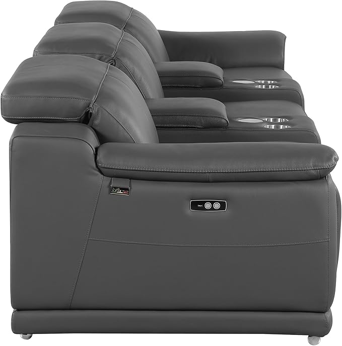 BlackJack Furniture Venice Top Grain Italian Leather Power Recline 5 Piece Sofa - 134" Theater Seating Modern Couch for Living Room Apartment Home with Adjustable Headrests & USB Port, Dark Grey