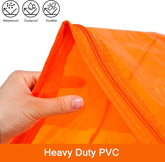Vieshful Orange 40L Clear Clothes Storage Bag Colorful Clothes Organizer with Zipper Vinyl Storage Bag for Comforter, Blanket, Bedding, Duvet, Transparent Moving Totes 3 Pack