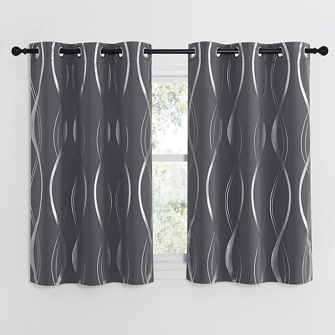 NICETOWN Small Blackout Grey Cafe Curtain Panels, Set of 2, 34 by 45 Inch, Window Treatment Thermal Insulated Solid Grommet Blackout Wave Line Foil Print Design for Kitchen and Loft