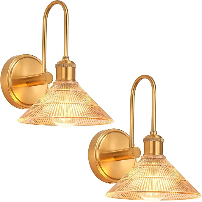 Wall Sconce Set of 2, Gold Vintage Light Fixtures with Round Amber Glass Lampshade, Hardwired Sconces Wall Lighting for Bedroom, Bathroom, Living Room | Includes 2 LED Bulbs
