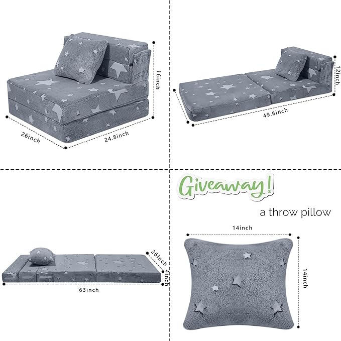 MeMoreCool Kids Tri-Fold Sofa Bed – Glow Star Floor Mattress & Foldable Futon Chair Convertible Toddler Couch | Soft Plush Lounge Mat | Playroom Furniture | Includes Pillow