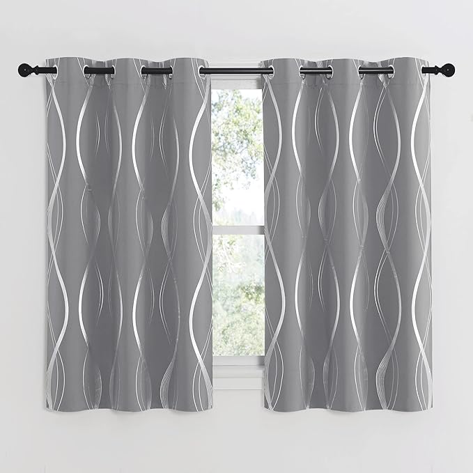 NICETOWN Kitchen Blackout Curtain Panels, Silver Grey, Set of 2, 34 by 54 Inch, Window Treatment Thermal Insulated Solid Grommet Blackout Wave Line Foil Print Design Curtains for Kitchen, Cafe, Loft