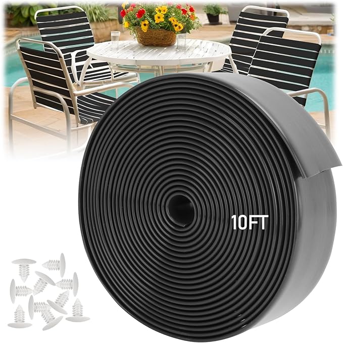 LukLoy Vinyl Straps for Patio Chair Repair 2'' Wide 10Ft Long Straps + 20 Rivets, Cuttable Replacement Straps for Outdoor Lawn Deck Pool Balcony Beach Furniture Chaise Lounge Repair, Black