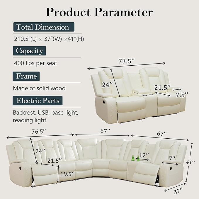 Power Recliner Sectional Sofa Set, Creamy Leather Sectional Couch and Loveseat for Living Room, L Shape Reclining Sofa with Cup Holder, Hidden Storage, Coffee Table for House(8 Seat)