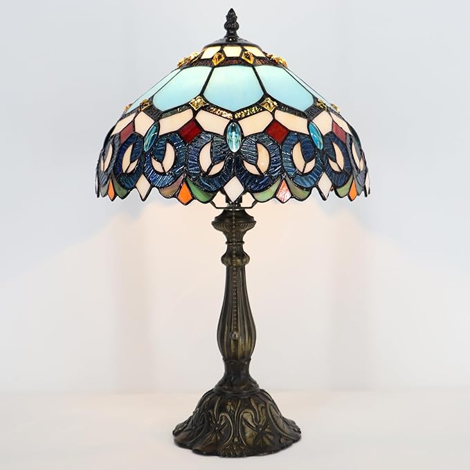 Tiffany Lamp Stained Glass Table Lamp Bedside Reading Light W12H19 Inches (Sapphire Style)