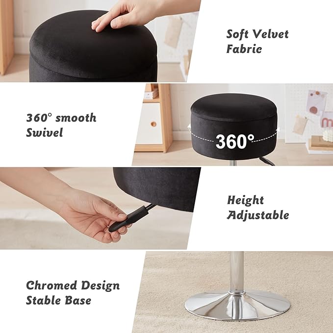 Adjustable Ottoman Stool Black Vanity Stool Vanity Chair for Makeup Room Stool Chair for Vanity Stool with Storage Makeup Stools with Storage Swivel Makeup Chair for Bathroom Velvet