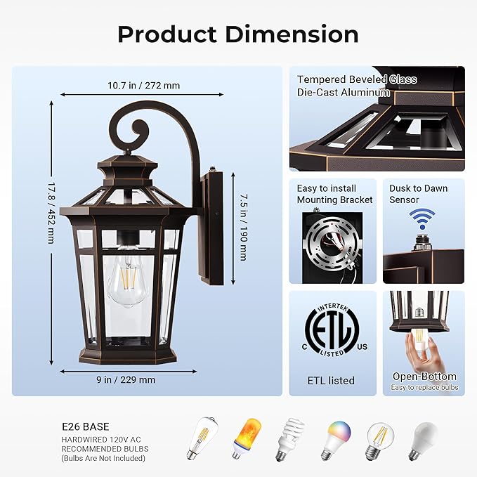 Large 9'' Outdoor Wall Lights Wall Mount, Dusk to Dawn Front Porch Lights, Oil Rubbed Bronze Outdoor Wall Lantern, Exterior Lighting Fixtures for Garage, Waterproof Patio Sconce Lights