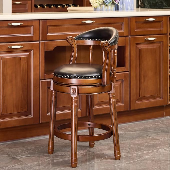 Cow top Leather Wooden Bar Stools, 26" Seat Counter Height Bar Chair with Back, 180 Degrees Swivel Bar Stools Chair for Home Kitchen Counter,Restaurant,1pc (Black-1pc, Counter Seat height 26in)